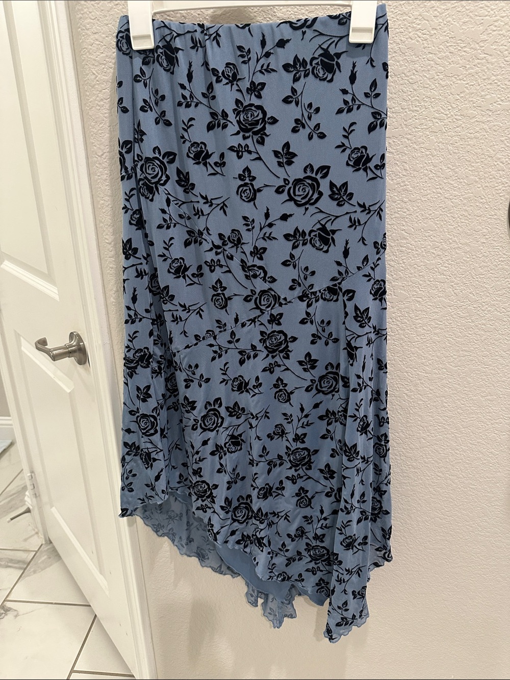 Asymmetrical Blue Floral Maxi Skirt with Black Rose Print
